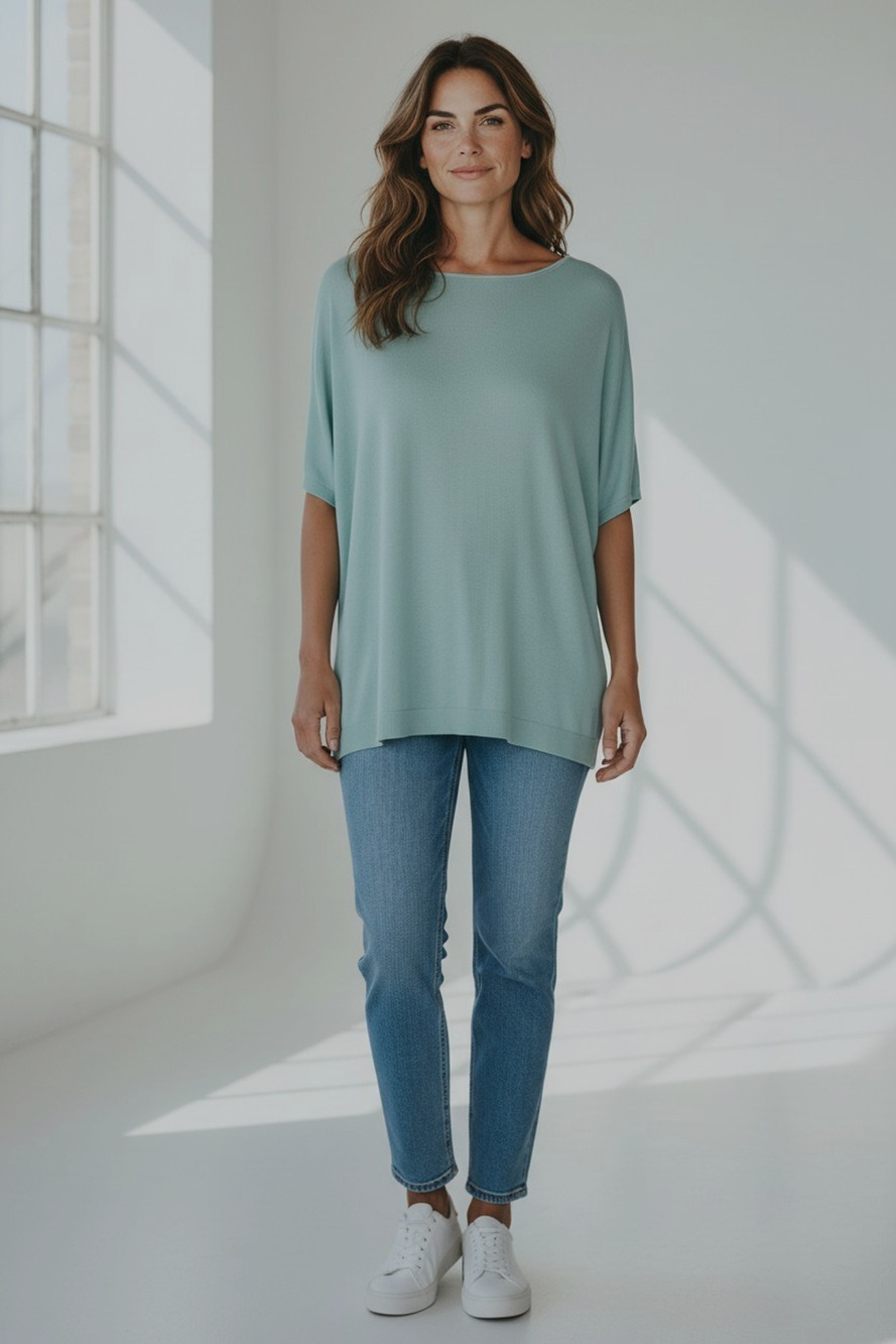 A5 Auth EILEEN FISHER Aqua Organic Linen & Cotton Short Sleeve Tunic Top Size 1X